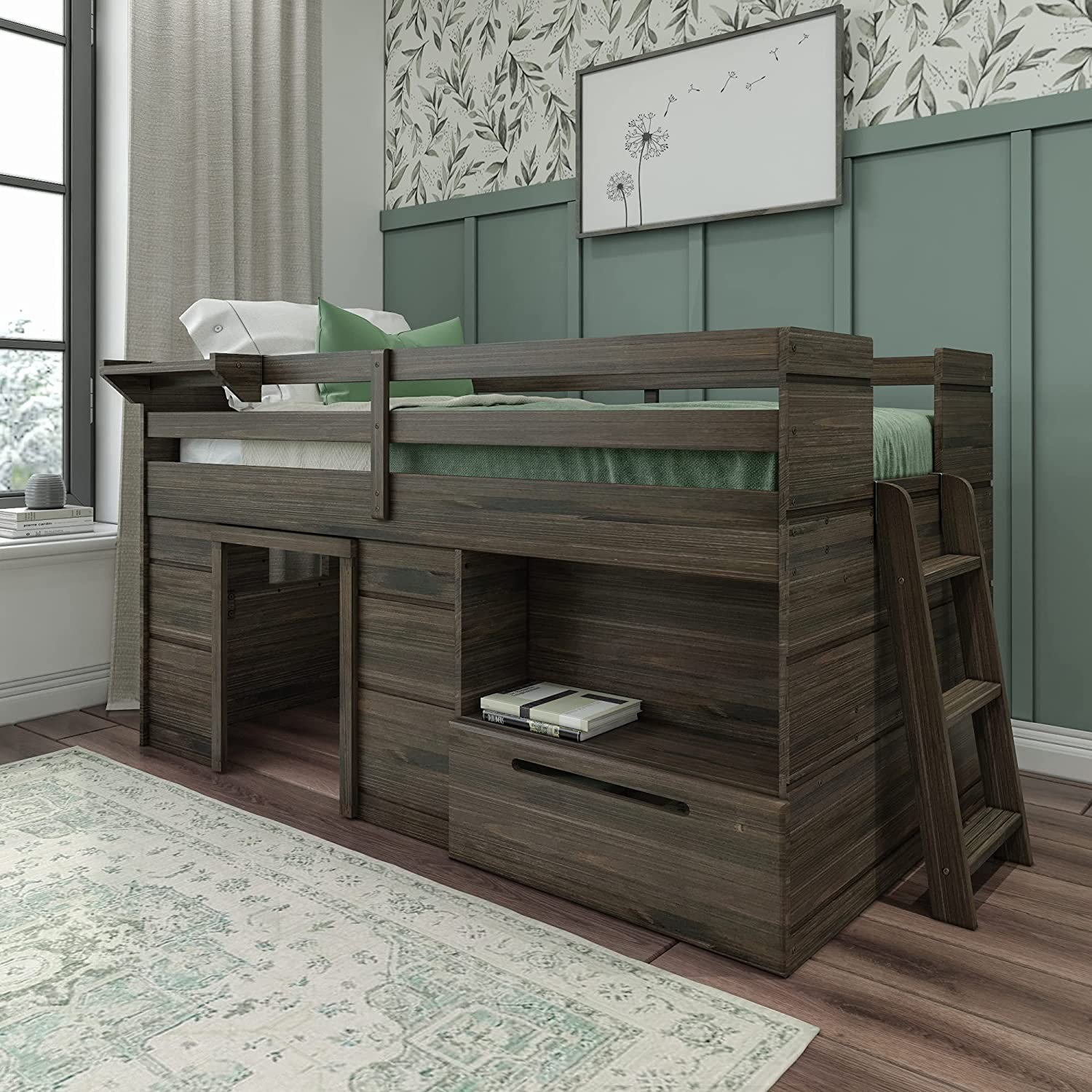 Max & Lily Modern Farmhouse Low Loft Bed, Single Bed Frame, 1 Drawer
